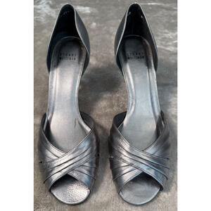 Stuart Weitzman Silver Metallic Leather Peep Toe Heels Womens Size 8.5